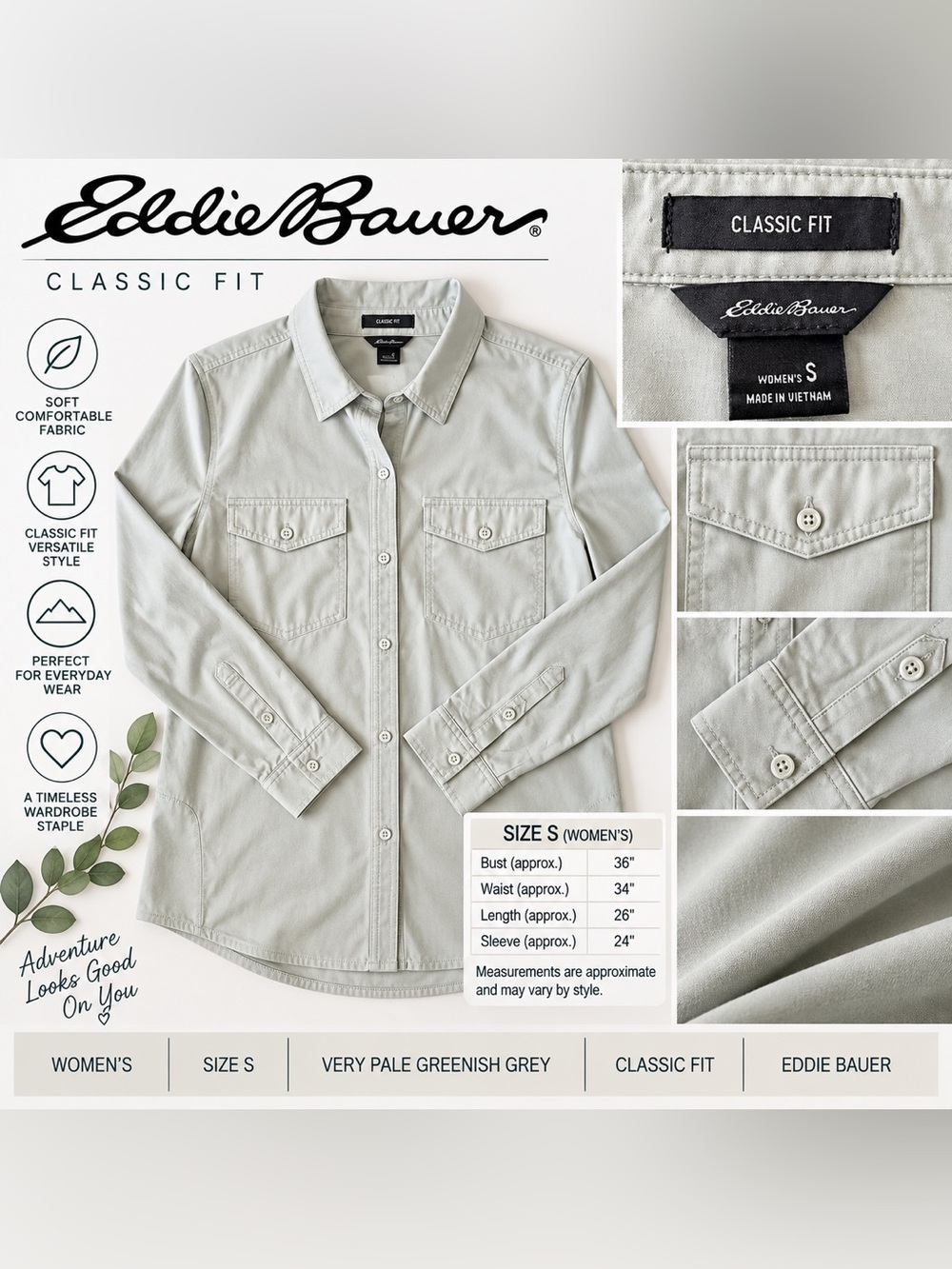 Eddie Bauer Classic Fit Button-Down Shirt in Very Pale Greenish Grey